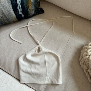 Zara White Ribbed Tie Neck Crop Top